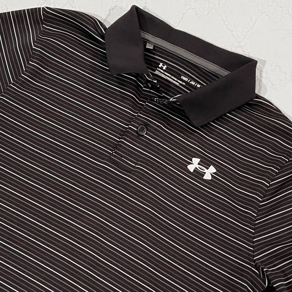 Under Armour Black Gray White Stripe Performance Polo Boys Size Medium